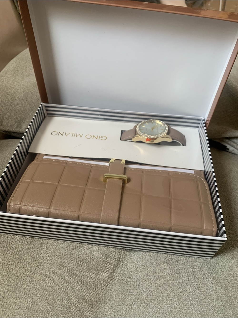 Gino Milano  Gold-Bezel Watch with Taupe Quilted Wallet Set